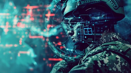 Soldier in advanced tech gear analyzing a futuristic display filled with holographic data, conveying a sense of modern military operations.