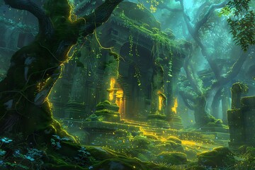 An ancient temple hidden in a luminous forest, glowing moss and vines, ethereal light filtering through trees. Mystical and serene, dreamlike ambiance, vibrant hues