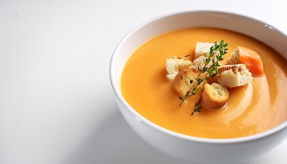 cream soup in a white bowl with carrots croutons and thyme on a white table copy space close up