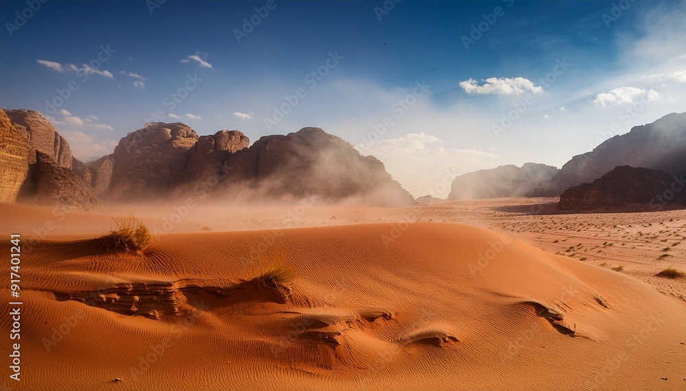 Wall mural clouds of sand blow around rocks in the midst of a vast sand desert in wadi rum desert jordan