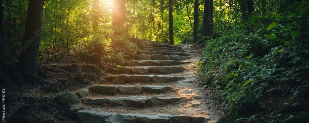 Poster stone path through forest with sunlight filtering