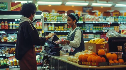 A friendly interaction between a cashier and a customer during a purchase, highlighting a moment of everyday kindness.