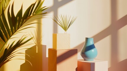 Modern minimalistic still life with a blue vase and geometric platforms bathed in warm sunlight against a soft background with shadows.