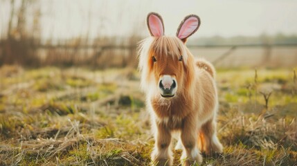 An adorable pony donning pink bunny ears stands in a tranquil field, with soft sunlight enhancing the playful and charming character of the scene.