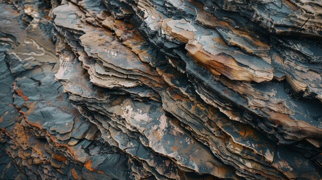 Rugged layers of metamorphic rock create an intricate pattern of texture and hues, highlighting the natural beauty of earth's geological formations.