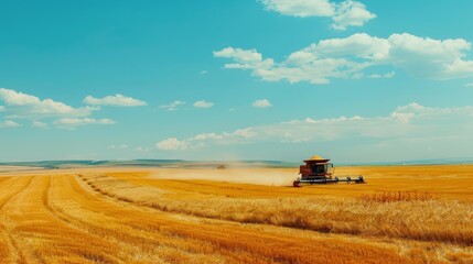 Fototapeta premium A solitary combine harvester in a vast golden wheat field under a clear sky, emphasizing agriculture and rural tranquility.