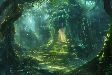 An ancient temple hidden in a luminous forest, glowing moss and vines, ethereal light filtering through trees. Mystical and serene, dreamlike ambiance, vibrant hues