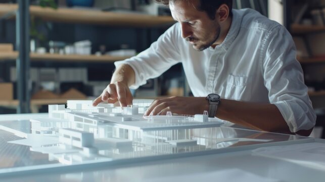 An architect intensely focuses on assembling a detailed scale model of a modern building in a studio filled with various architectural tools and drafts.