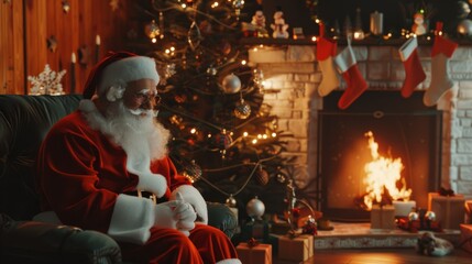 Obraz premium Santa Claus sitting by a warm, festively decorated fireplace, creating a cozy and magical Christmas scene.