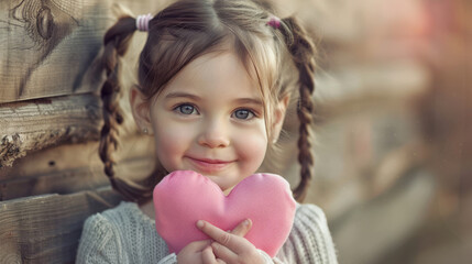 Fototapeta premium A photograph of a young girl holding a pink heart, smiling, pigtails, close-up view