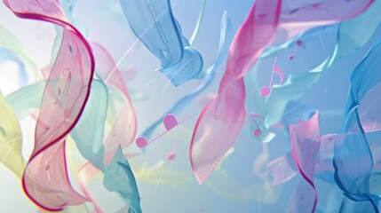Whirling, soft pastel ribbons with faint music notes creating a sense of movement and grace in a fluid compositional space.