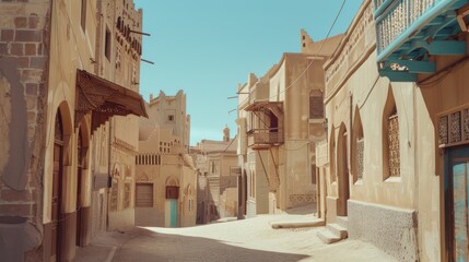 Narrow streets of a traditional desert town with beige buildings, capturing a sense of historical charm and culture under a clear sky.