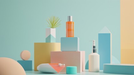 An artistic setup of modern skincare products displayed against soft pastel colored geometric shapes, blending elegance and minimalism.