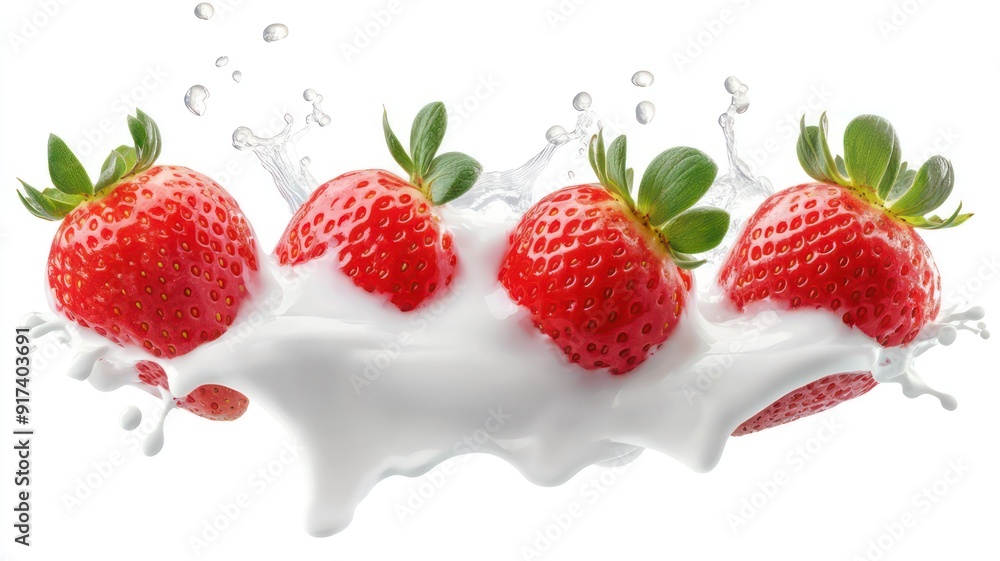 Poster fresh strawberries in milk splashes isolated on white created with generative ai