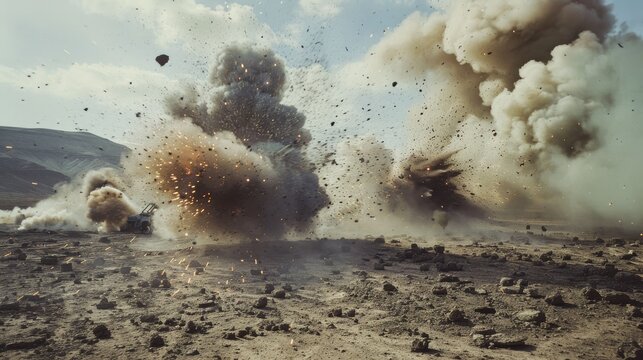 Intense explosion sends debris flying, creating a dramatic, chaotic scene in an open landscape.