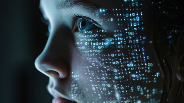 A close-up of a person's face, highlighted by glowing digital code, depicting the integration of technology and human expression.