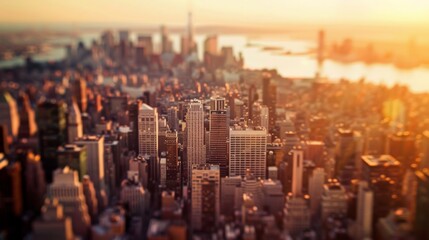 A dreamy urban landscape at sunset featuring towering skyscrapers and a hazy horizon.