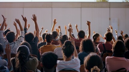 A diverse group of people, seen from the back, eagerly raising their hands in response to a question, showing unity and engagement.