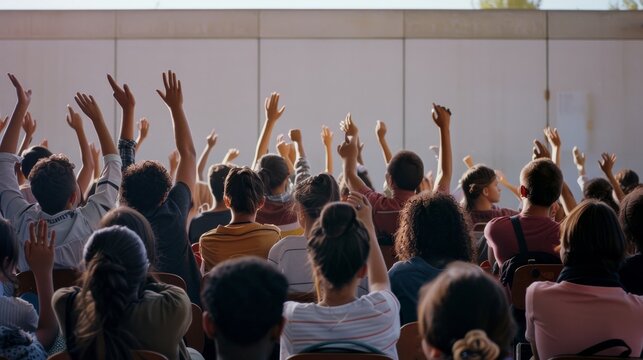 A diverse group of people, seen from the back, eagerly raising their hands in response to a question, showing unity and engagement.