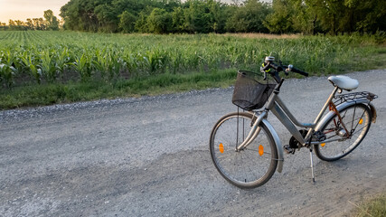 Fototapeta premium A lone bicycle rests on a scenic country dirt road beside a cornfield, embodying rural tranquility and summer adventures