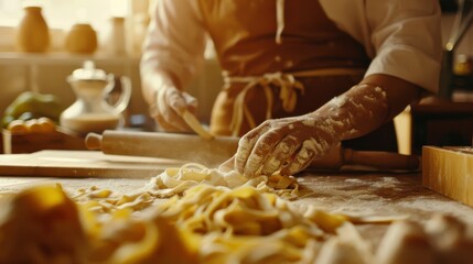 A close-up of a chef's hands covered in flour, meticulously making homemade pasta in a warm, sunlit kitchen.