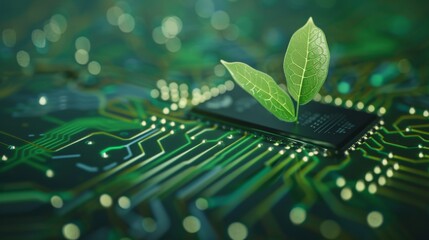 A computer chip with green leaves sprouting from it, symbolizing eco-friendly technology and sustainable innovation.