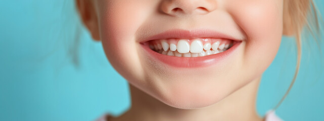Fototapeta premium Close up of a beautiful little child's smile with white teeth on a blue background. Header image with space for text.