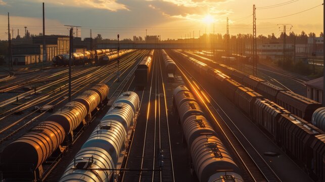 A serene sunset over a vast railyard, with trains lined up on parallel tracks, casting long shadows and bathed in warm golden light.