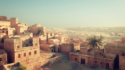 Fototapeta premium An expansive view of a desert town with traditional buildings interspersed with palm trees, backed by rolling sand dunes.