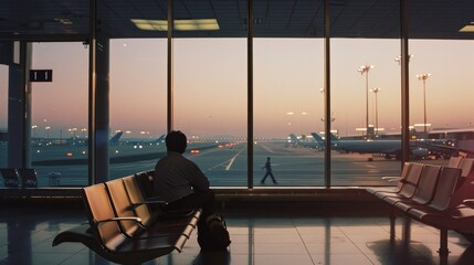 A lone traveler sits contemplatively in an empty airport lounge at dawn, viewing the runway through large pane windows, capturing a moment of solitude and anticipation.