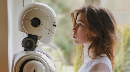 A woman gazes thoughtfully at a humanoid robot, standing by a window in a moment of quiet connection and contemplation.