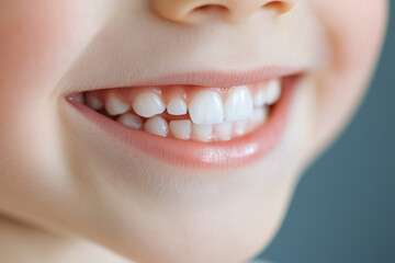 Fototapeta premium Close up of a beautiful little child's smile with white teeth on a blue background. Header image with space for text.