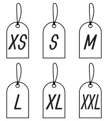 Cloth labels with size for apparel, brand tags S, L, M, XL symbols, textile badges with seams and fabric texture. Clothing isolated on white background Realistic vector illustration in eps 10.