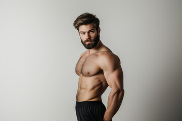 Fototapeta premium Muscular Young Man with Beard and Styled Hair in Black Shorts, Studio Side Profile