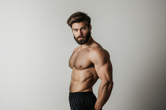 Muscular Young Man with Beard and Styled Hair in Black Shorts, Studio Side Profile