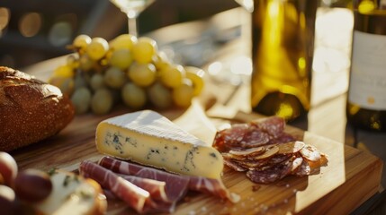 A delicious spread of cheese, charcuterie, grapes, and wine creates an inviting setup for a gourmet outdoor picnic under warm sunlight.