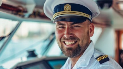 Obraz premium Smiling ship captain in uniform at the helm of a vessel, radiating confidence and composure.