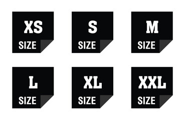 Clothing size vector icons set. Clothes labels s, xs, m, l, xl, xxl. Vector.  literal measurement standard clothing size from big to small s xxxl sticker, vector template label in eps 10.