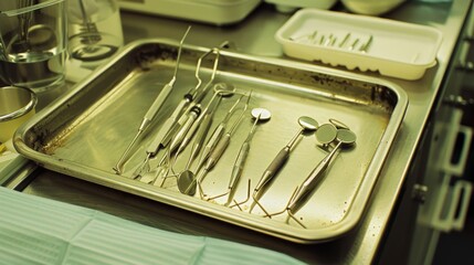 Fototapeta premium A set of polished dental instruments neatly arranged on a metal tray, ready for use in a bright and clean dental clinic.