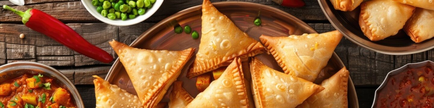 Indian savory pastry with spiced potatoes onions and peas either deep fried or baked samosa or singara