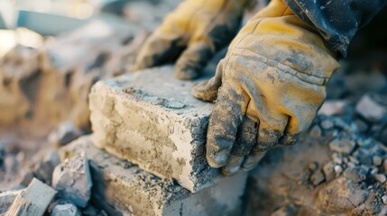 Gloved hands carefully arranging bricks at a construction site, emphasizing precision and craftsmanship.