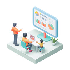 Fototapeta premium 3D Illustration of Business People Analyzing Charts and Graphs on a Large Screen in an Office Setting, Business Strategy and Data Analysis Concept, PNG Image with Transparent Background