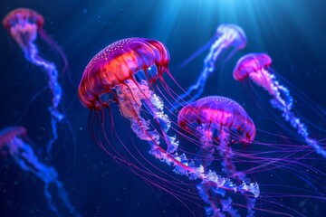 A serene and mysterious deep-sea landscape, bioluminescent creatures casting a gentle glow in the da. Beautiful simple AI generated image in 4K, unique.