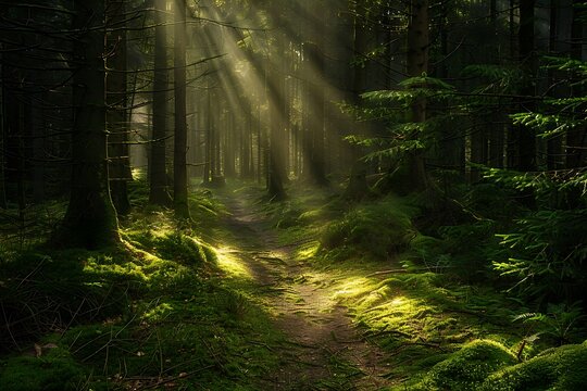 An enchanted forest path, soft light rays breaking through dense canopy, casting dappled light on the mossy trail, creating a peaceful and mysterious ambiance