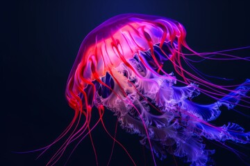 Against the backdrop of the pitch-black night sky, an ethereal jellyfish glows in a vibrant orange hue as it drifts. . Beautiful simple AI generated image in 4K, unique.