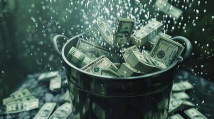 Bundles of cash being dramatically showered into a metal bucket, reflecting themes of wealth, financial gain, and economic prosperity amidst a rain-like effect.