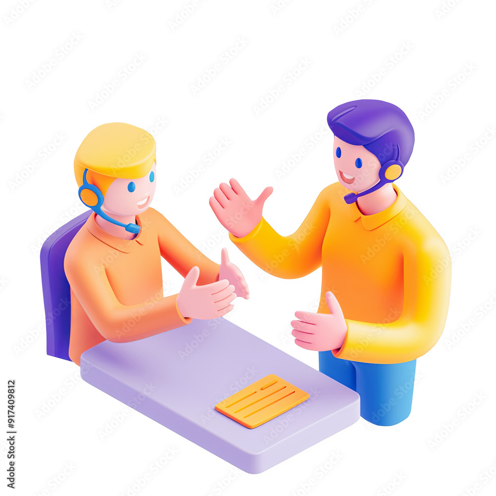 Wall mural two cheerful customer service representatives with headsets discussing a work issue at a desk - 3d r