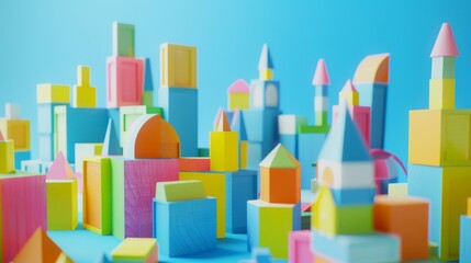 Brightly colored, geometric wooden blocks create a vibrant cityscape resembling modern architecture against a blue backdrop.