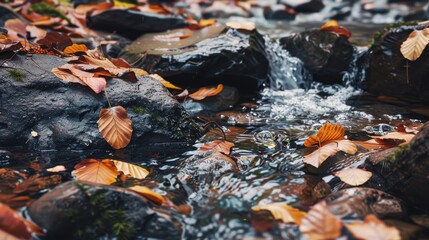 Autumn leaves scattered over rocks beside a small creek, with crisp, flowing water reflecting the vibrant colors of fall, capturing the season's essence.