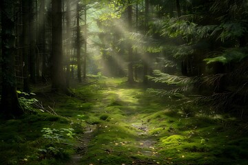 An enchanted forest path, soft light rays breaking through dense canopy, casting dappled light on the mossy trail, creating a peaceful and mysterious ambiance